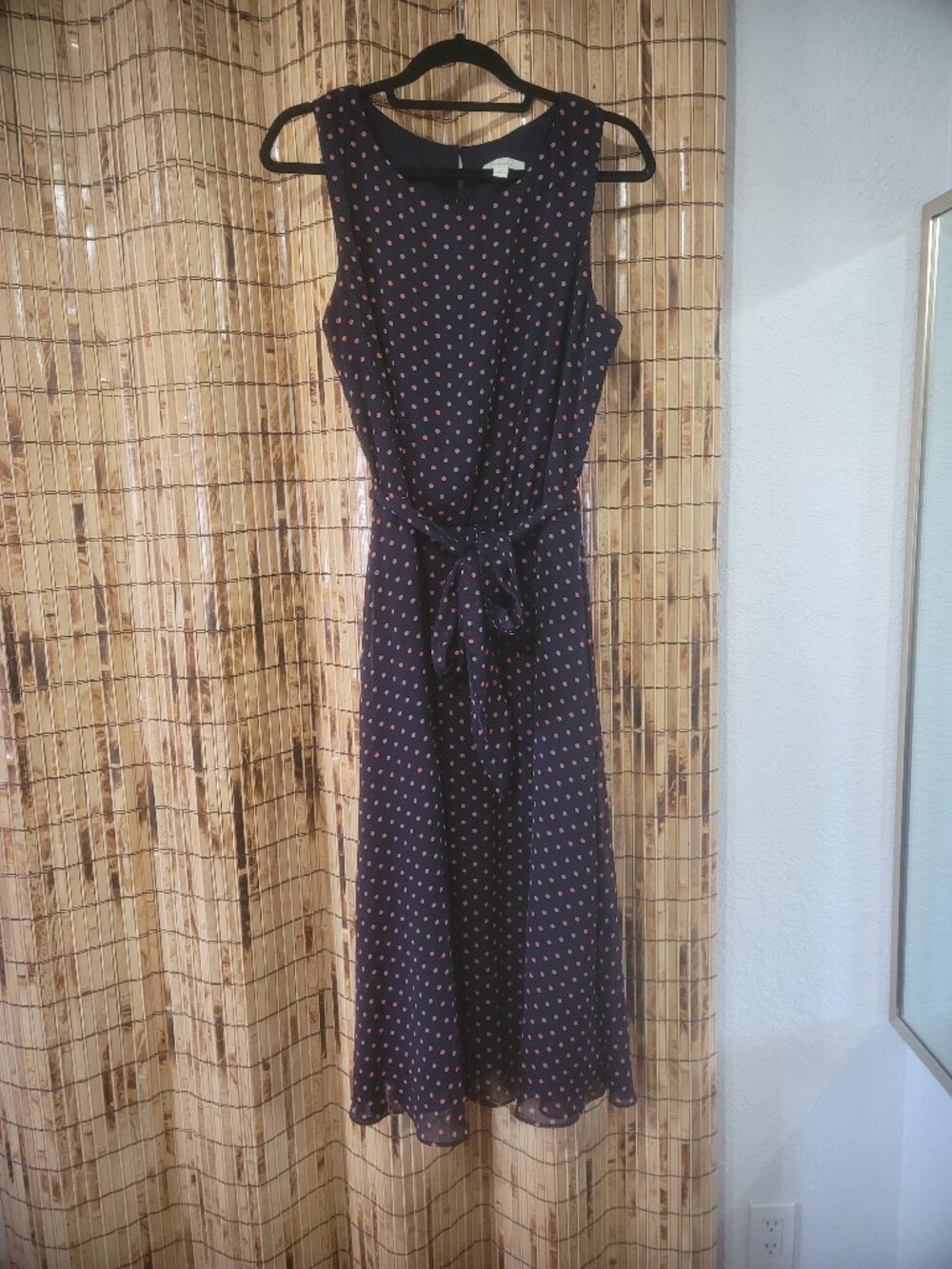 Prelude Navy Blue and Coral Polka-Dot Midi Dress (Size 14)